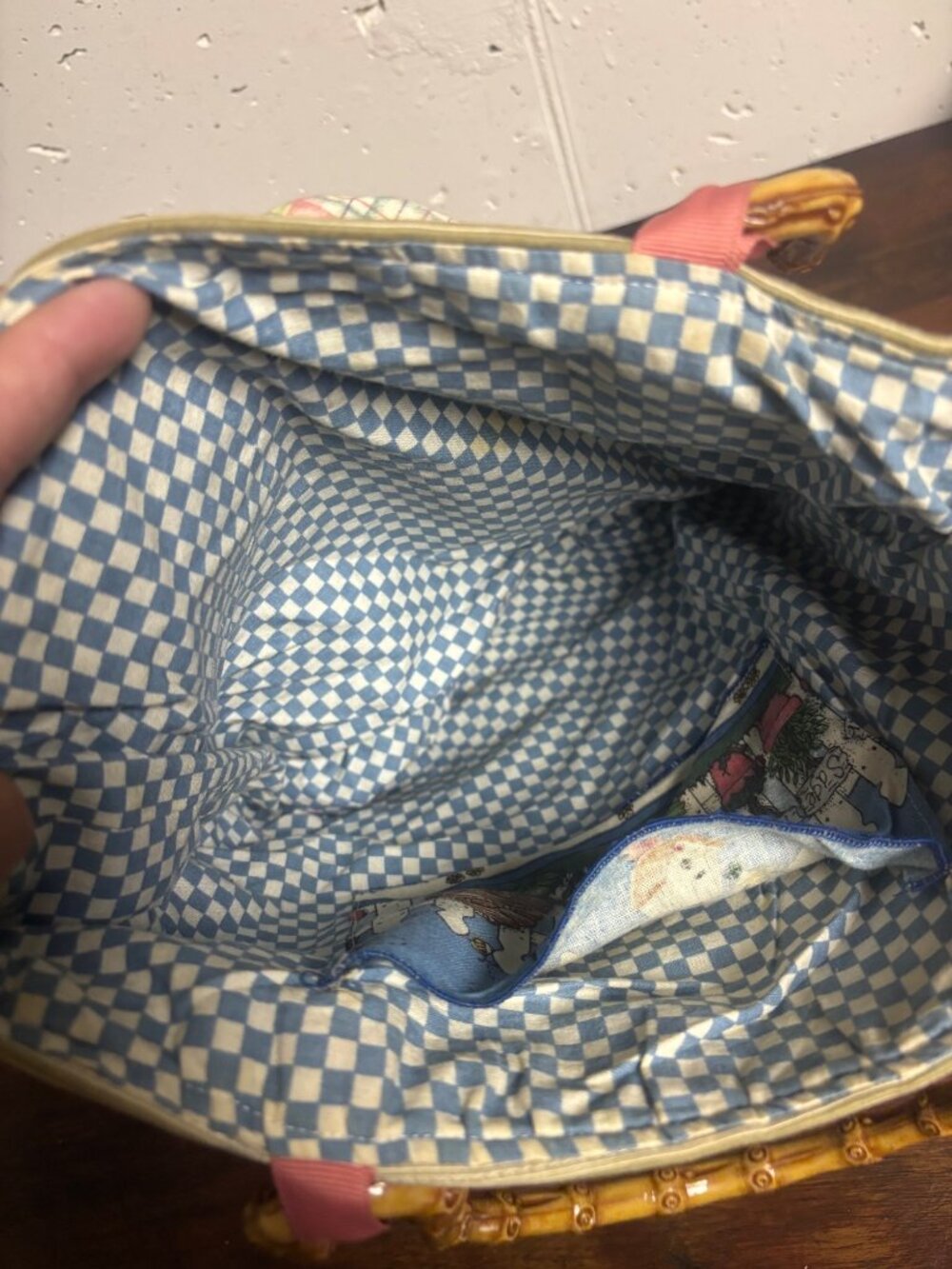 Vintage Cottagecore Garden Scene Purse Wood Bamboo Handles 10x11 Handmade Look - Picture 3 of 5